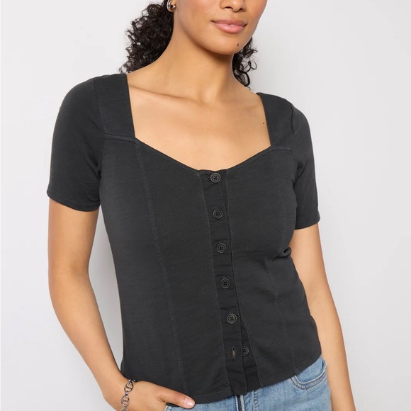 Nation LTD Marcella Button Front Sweetheart Neckline Short Sleeve Top in Black - Picture 4 of 13
